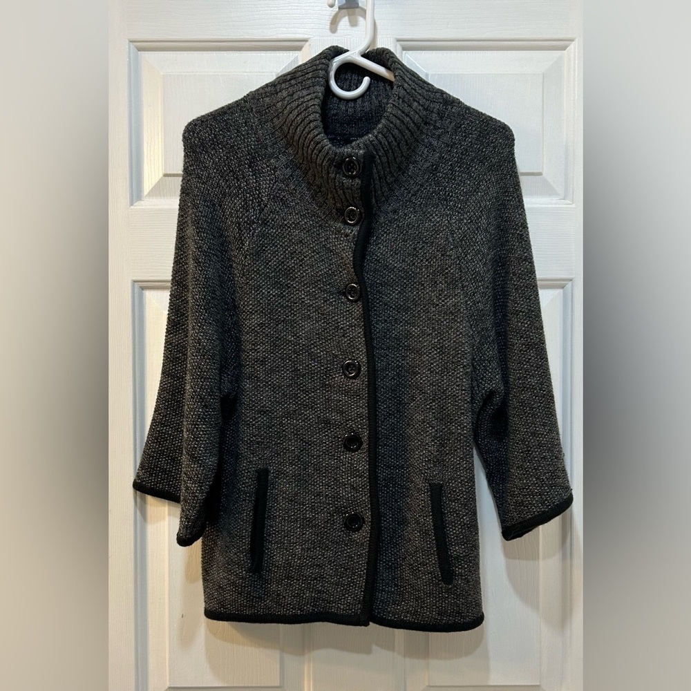Ann Taylor Heathered Black Funnel Neck Wool Blend Cardigan Sweater Jacket Size M